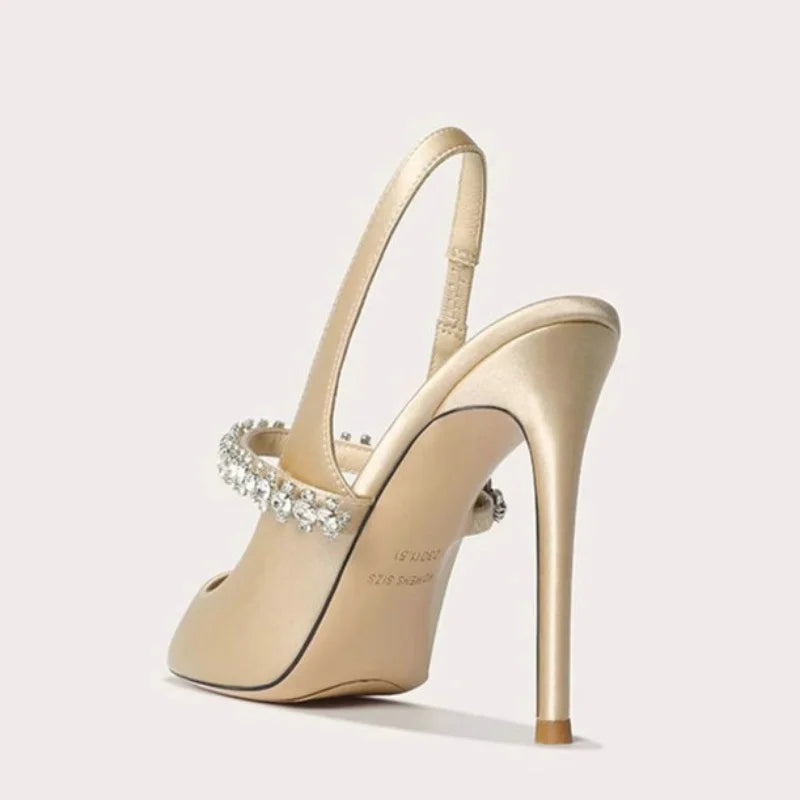 Luxury Rhinestone Pointed Toe Women Pumps Elegant Crystal Wedding Bridal Shoes Satin Silk Design Mules High Heels