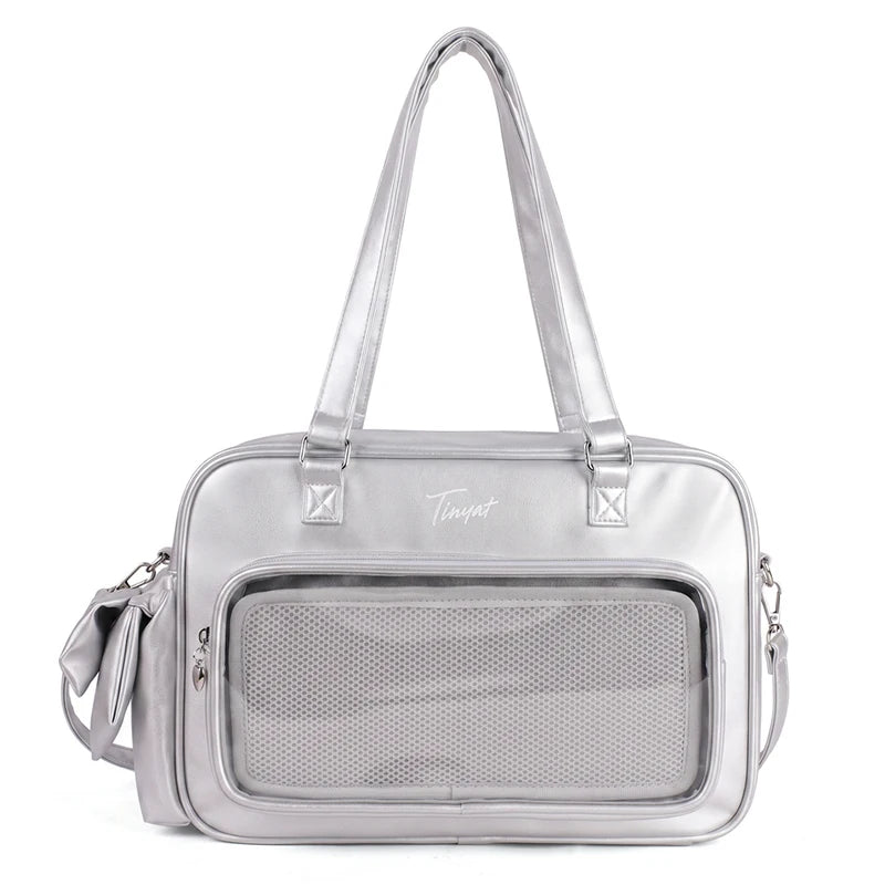 TINYAT PU Y2K Ita Bag Tote Lolita Girl Clear Window Display Message Bag Large Capacity Daily Commuting Handbag for Women School