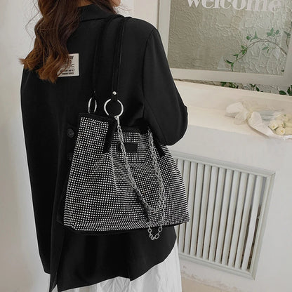 Yogodlns Luxury Rhinestone Bucket Bag For Women Fashion Brands Shouldr Bag Trendy Underarm Bag Shopping Handbag Purse Bolsa