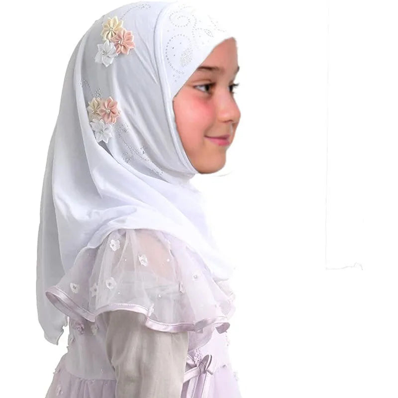Kids Hijab for Girls Muslim Instant Hijabs Ready To Wear Islamic Shawls Turban with Flowers Scarfs Jersey Head Wrap (2-7 Y)