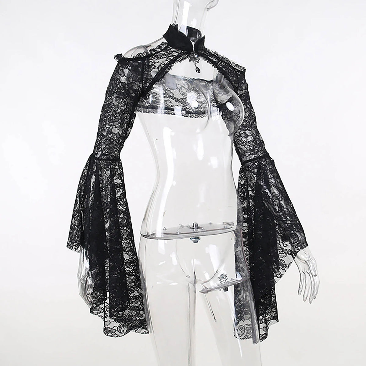 Gothic See Through Shrug Tops Grunge Aesthetic Black Flare Sleeve Crop Top Women Streetwear Vintage Punk Sexy Clothing