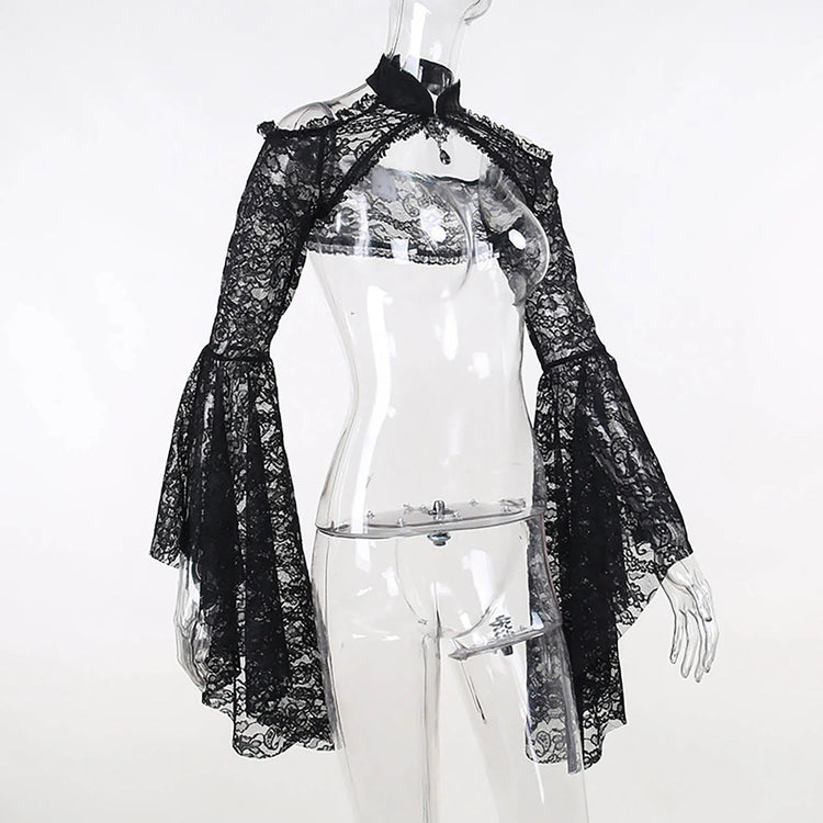 Gothic See Through Shrug Tops Grunge Aesthetic Black Flare Sleeve Crop Top Women Streetwear Vintage Punk Sexy Clothing