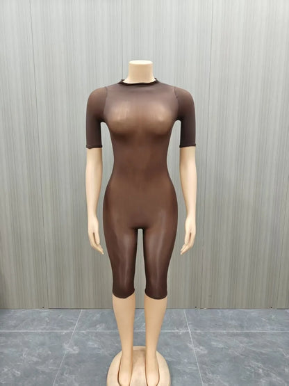 FLARORA Sexy Mesh See Through Rompers Woman Trend O Neck Short Sleeve Skinny Peach Hip Playsuits Stretch Midnight Party Clubwear