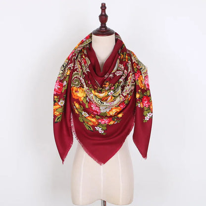 Russian Women Big Size Square Scarf Luxury Floral Print Bandana Wraps Female Retro Short Tassel National Shawl