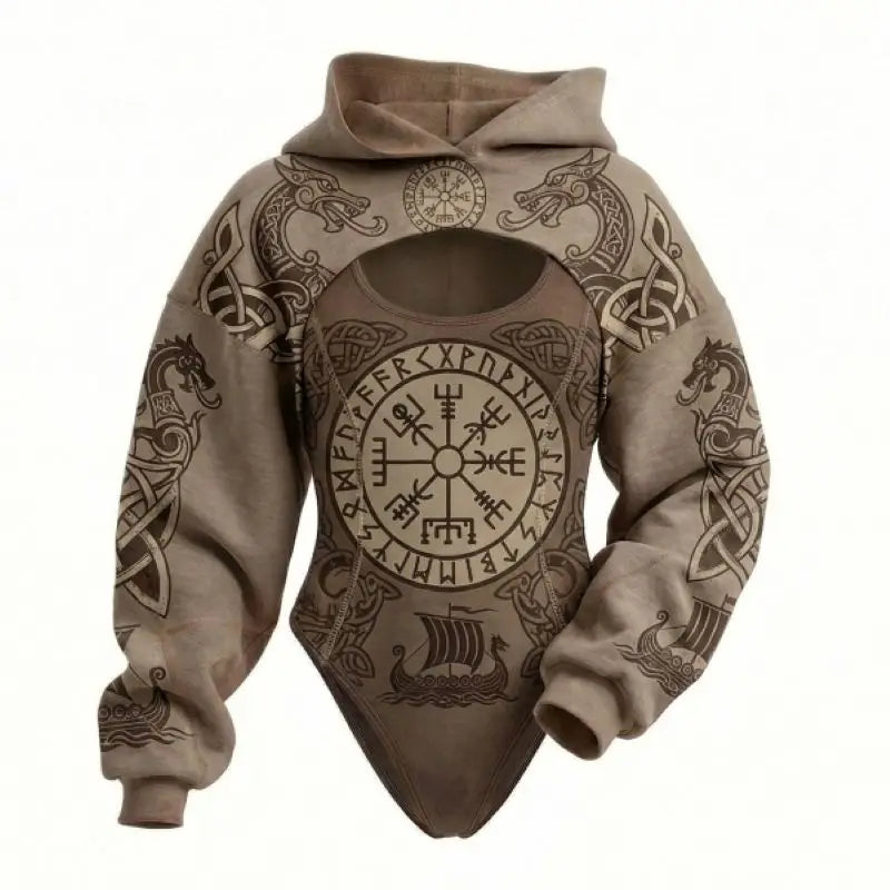 Ladies Viking Pattern Hooded Jumpsuit 2PCS Set Daily Home Lounge Streetwear Outdoor Walking Holiday Simple Comfortable Two Piece