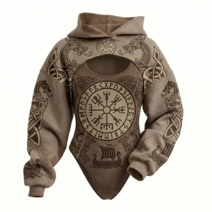 Ladies Viking Pattern Hooded Jumpsuit 2PCS Set Daily Home Lounge Streetwear Outdoor Walking Holiday Simple Comfortable Two Piece