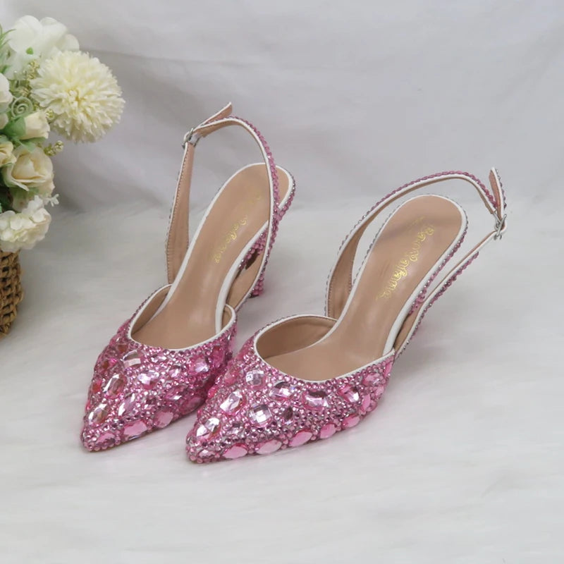 Fashion Sling-back Pink Bling Pointed Toe Wedding Shoes and bag Woman High Pumps Thin Heel Party Shoes Slingbacks Shoe Bag Set