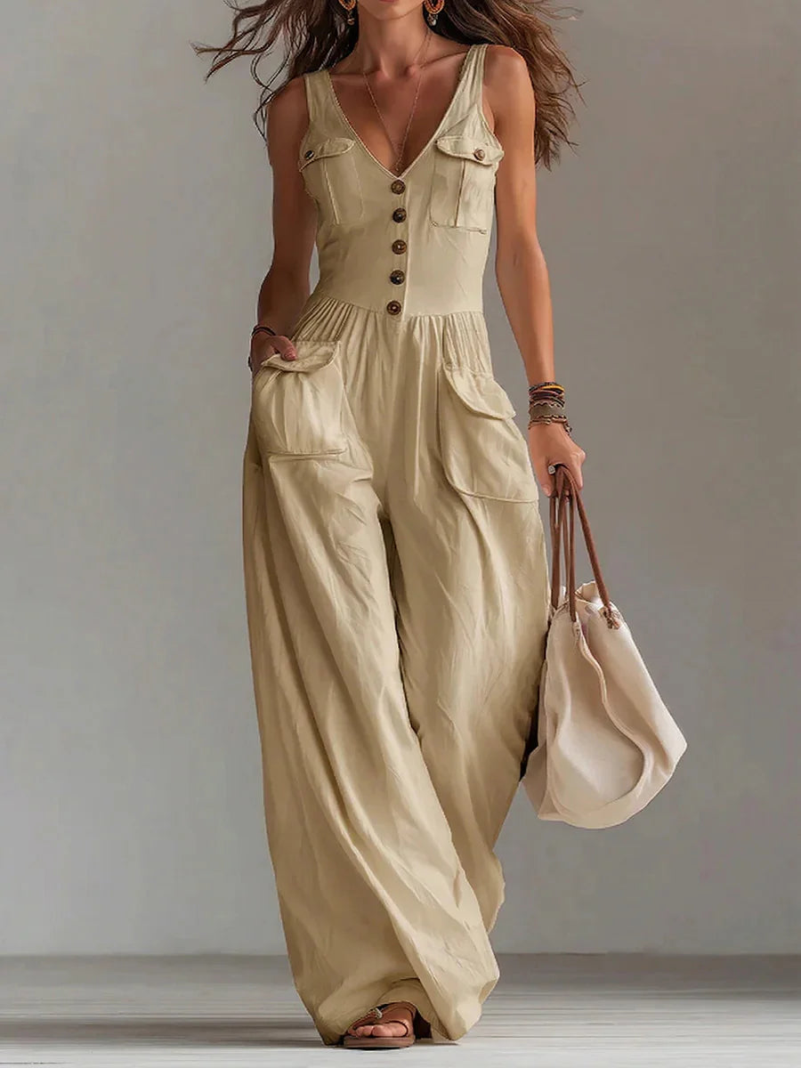 Sleeveless Women's Jumpsuit Featuring V-Neck, Button Decor, Wide-Leg Design and Pockets, Perfect for Casual Summer Beach Outings
