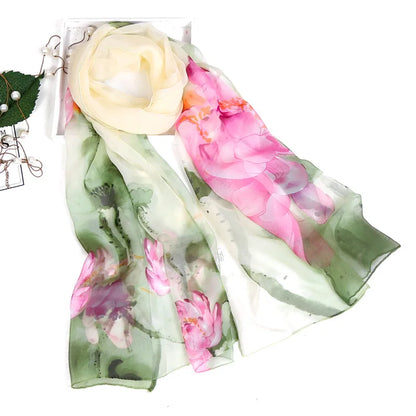 Ink Painting Lotus Summer Beach Sun Protection Chiffon Georgette Scarf Women Foulard Shawl Bandana Elegant Thin Breathable