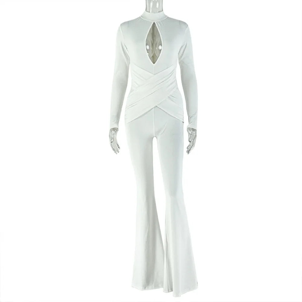 FLARORA Sexy Hollow Out Flared Jumpsuits Woman Turtleneck Full Sleeve Skinny Peach Hip Hot Girls Midnight Club Party Overalls