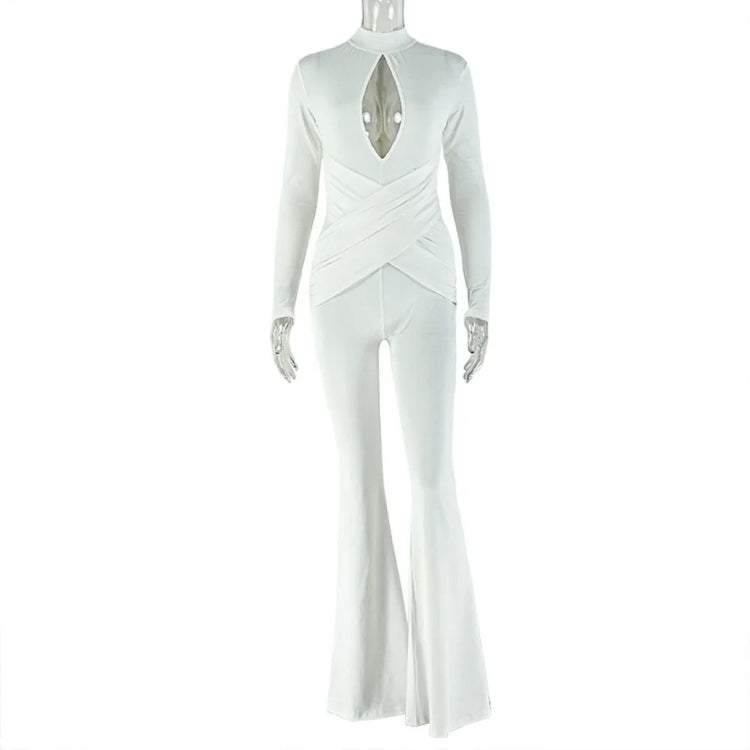FLARORA Sexy Hollow Out Flared Jumpsuits Woman Turtleneck Full Sleeve Skinny Peach Hip Hot Girls Midnight Club Party Overalls