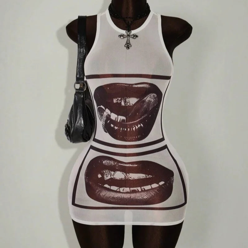 European American Personalized Print Sleeveless Dress Sheer Slimming Short Skirt Summer Fashion For Women