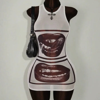 European American Personalized Print Sleeveless Dress Sheer Slimming Short Skirt Summer Fashion For Women