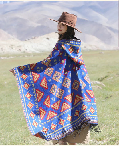 GypsyLady Bohemian Vintage Chic Cloaks Capes Hooded Blue Women Autumn Warm Knitted Ethnic Capes Tassels Cloak Poncho Outwear New