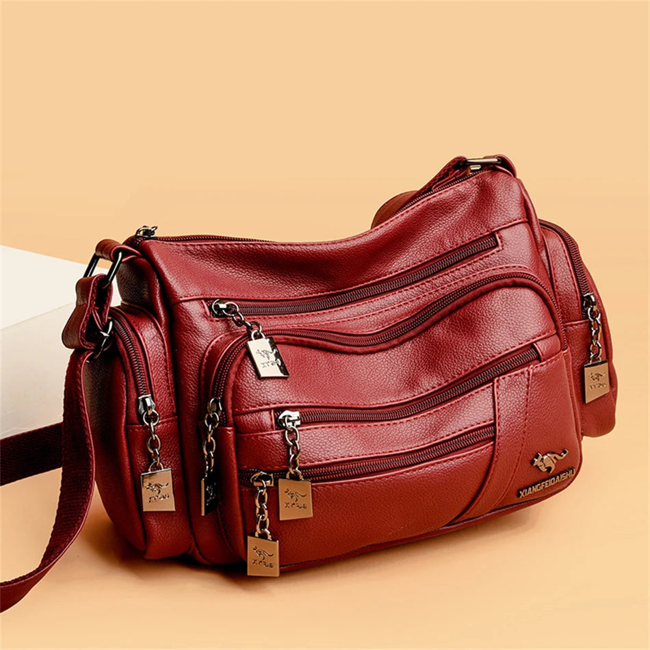 Many Pockets Women Leather Top-handle Bag Luxury Designer Female Shoulder Messenger Shopper Bags Brand Ladies Crossbody Handbags