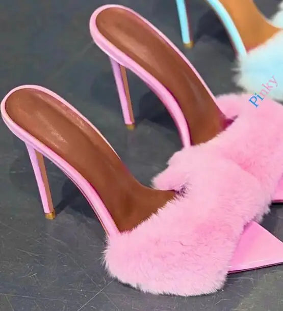 Surkova Sky Blue Black Luxury Fur Embellished Sandals Suede Thin High Heel Slippers Steel Tip Toe Slip-on Evening Shoes Size46