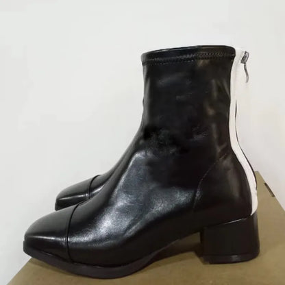 Colorblock Women Ankle Boots British Style Boots Square Toe Chunky Heels Short Booties Ith Back Zipper