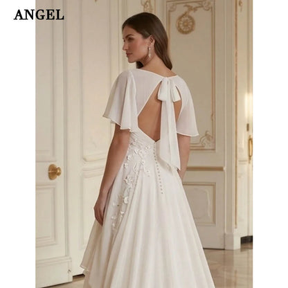 ANGEL Elegant Applique Wedding Dresses 2026 V-neck Long Bride Dress Short Sleeves Chiffon Bridal Gowns Vestidos De Novia Custom