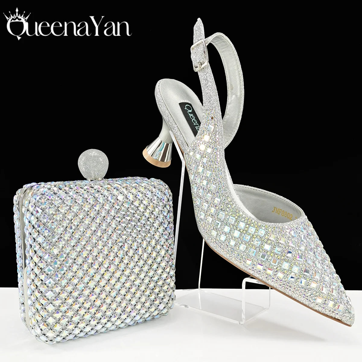 Queena Yan 2026 Italian Design Rhinestone Luxury Navy Blue Pointed Toe Shoe & Bag Set Women High Heels for Parties High Quality