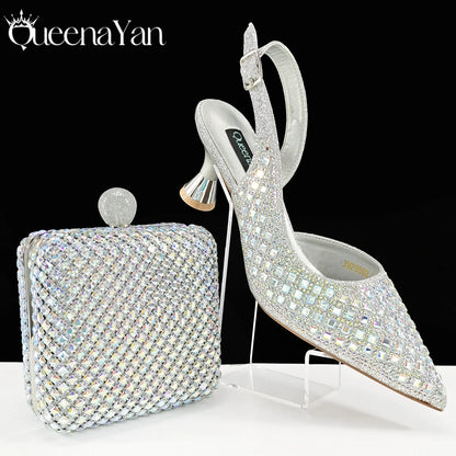 Queena Yan 2026 Italian Design Rhinestone Luxury Navy Blue Pointed Toe Shoe & Bag Set Women High Heels for Parties High Quality