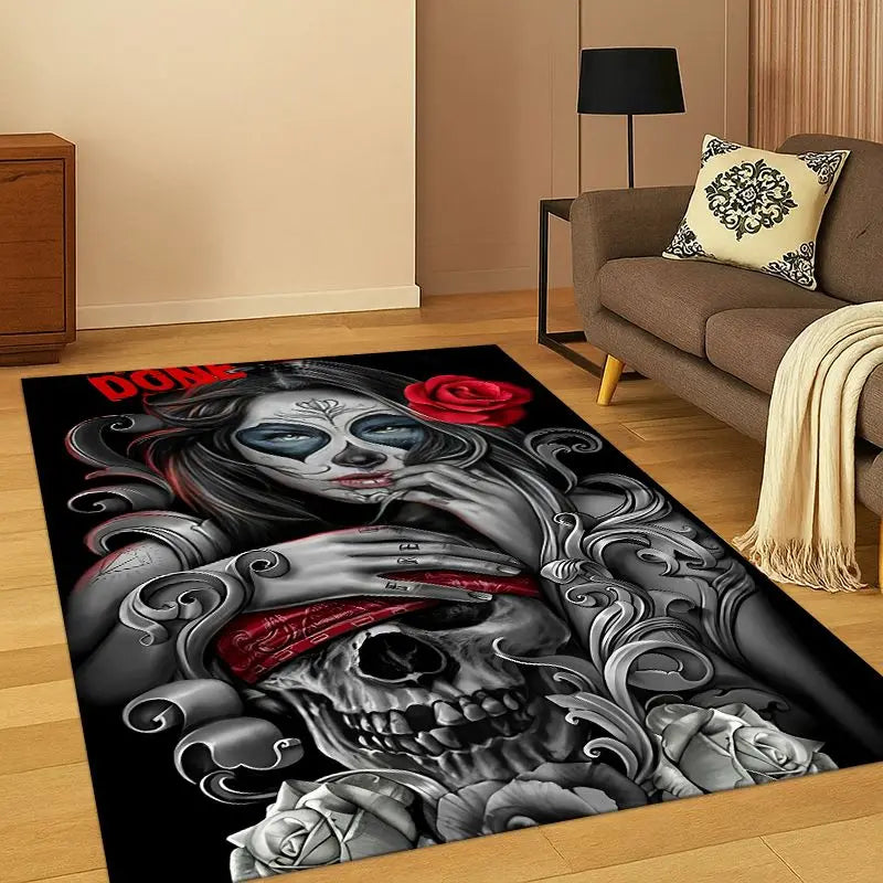 Gothic Skull Dead Girl Cartoon Horror Carpet Rug for Bedroom Living Room Sofa Playroom Doormat Home Decor,Kid Area Rug Non-slip