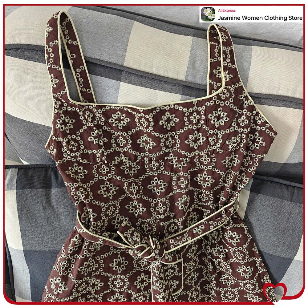 Elegant Embroidered Eyelet Belted Jumpsuits for Women Stylish Round Neck Straight Leg Jumpsuits with Thin Straps and Fabric Belt