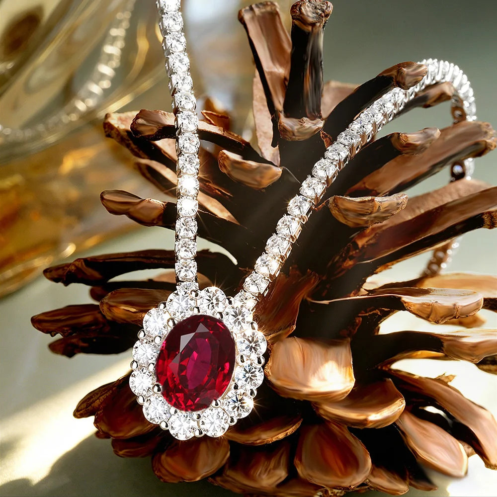 OEVAS 2CT 7X9MM Oval Lab Grown Emerald/Ruby/Moissanite Pendant Necklace For Women S925 Silver Plated 18K Luxury Dainty Jewelry