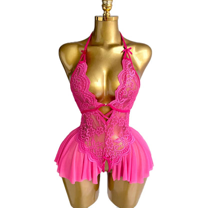 Sexy Crotchless Lingerie Women Lace Hollow Bodysuit Pajamas Teddy Babydolls Deep V Underwear