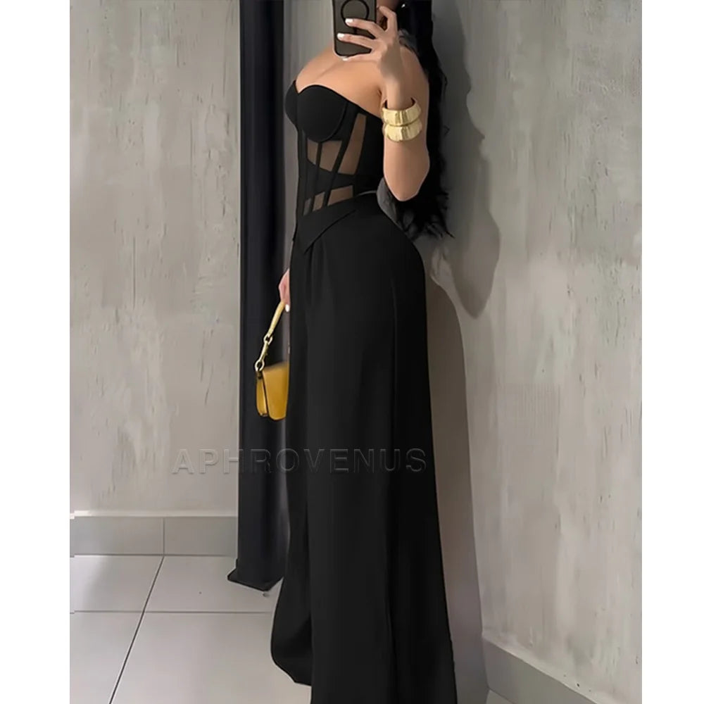 Women's Sexy Strapless Solid Color Jumpsuit Slimming High Waist Wide Leg Long Pants Elegant Party Romper Classy Clubwear Outfit