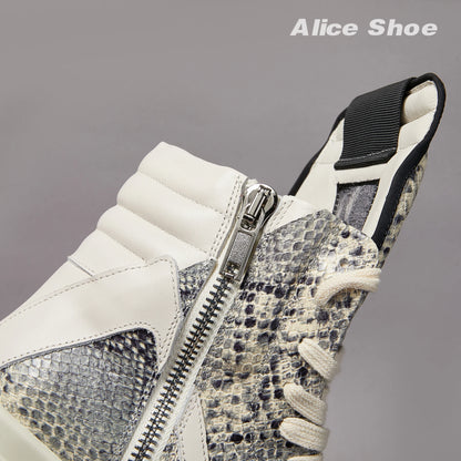 Brand Men Ankle Boot Casual Leather High Top Women Sneaker Python-Embossed Flat Luxury Trainer Designer Platform Grey Flat Shoe