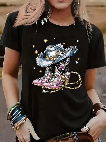 Short-sleeved Western Cowboy Series Printed T-shirt Fashionable and Trendy Casual and Versatile Regular Length for All Seasons
