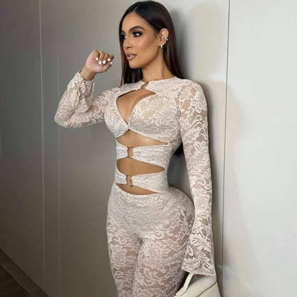 FLARORA Sexy Jacquard Lace Jumpsuits Woman Cutenew Hollow Out Ring Crop Bodycon Jumpsuit Hipster Stretch Midnight Street Overall