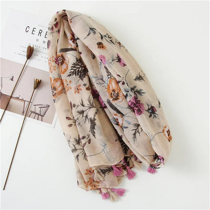 Fashion Printing Flower Tassel Shawl Cotton Viscose Scarf Women Beach Sunscreen Shawl Muslim Hijab Wrap Headscarf 180*90cm