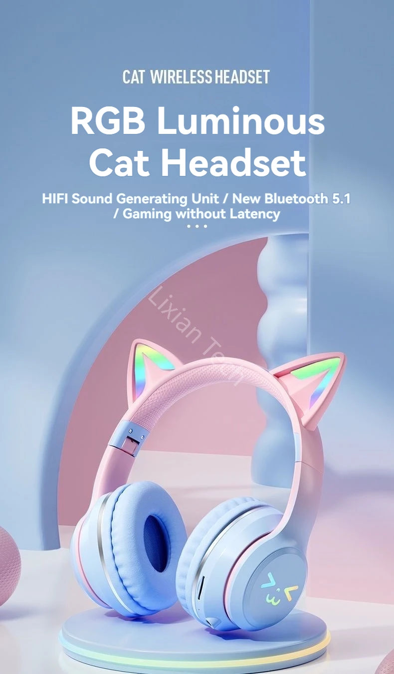 GRB Glow Gaming Headset Gamer Stereo Bass Cat Ear Wireless Earpods Bluetooth Earphones TYPE-C Cable Headphones Blutooth Handfree