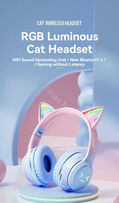 GRB Glow Gaming Headset Gamer Stereo Bass Cat Ear Wireless Earpods Bluetooth Earphones TYPE-C Cable Headphones Blutooth Handfree