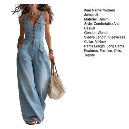 Sleeveless Denim Jumpsuit for Women V Neck Wide Leg Jean Pants Rompers Summer Vacation Outfits with Pockets