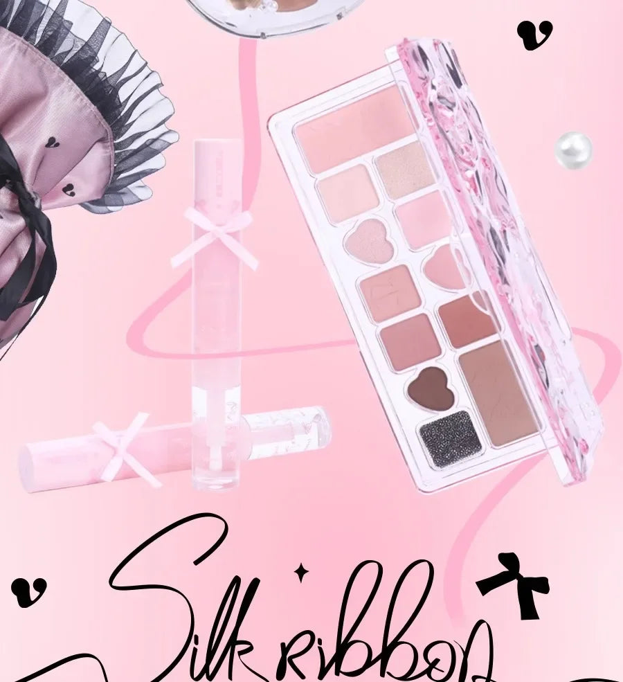 VEECCI Sweet Spicy Girl Ribbon Series Gift Box Makeup Kit Lipstick Eyeshadow Concealer Hair Rope Set Pink Delicate Cute Makeup