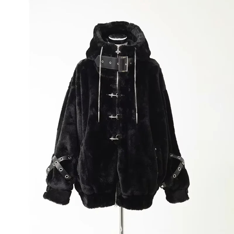 Lautaro Autumn Winter Thick Warm Faux Fur Coat Women with Hood Zipper Luxury Japanese Style Punk Harajuku Fluffy Jacket 2026