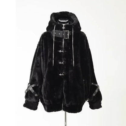 Lautaro Autumn Winter Thick Warm Faux Fur Coat Women with Hood Zipper Luxury Japanese Style Punk Harajuku Fluffy Jacket 2026