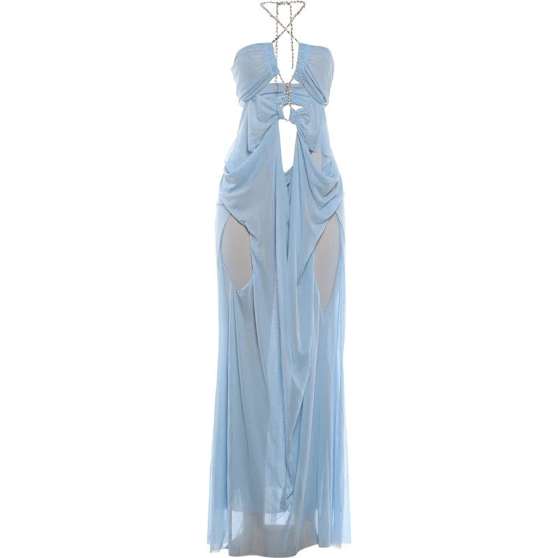 Nibber Prom Party Gown Dress Woman Sexy See Through Luxury Chain Halter Low-Neck Backless Sleeveless Midnight Elegant Vestidos