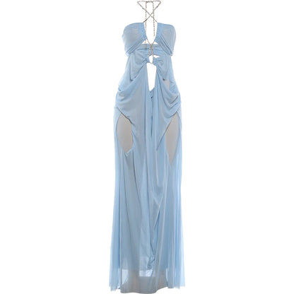Nibber Prom Party Gown Dress Woman Sexy See Through Luxury Chain Halter Low-Neck Backless Sleeveless Midnight Elegant Vestidos