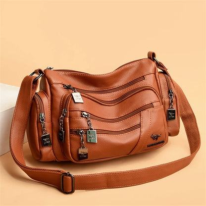 Many Pockets Women Leather Top-handle Bag Luxury Designer Female Shoulder Messenger Shopper Bags Brand Ladies Crossbody Handbags