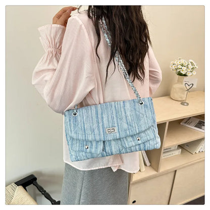 Korean Brand Shoulder Bag 2026 New Denim Side Bags for Women Ladies Crossbody Solid Fashion Chain Designer Daily Commuter City