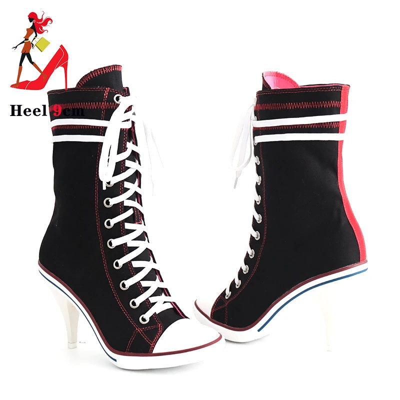 2024 Women Boots Design Stiletto High Heel Canvas Shoes Fashion Lady Lace up Pointed Ankle Shoes Sexy High-heeled Thin Heel Boot