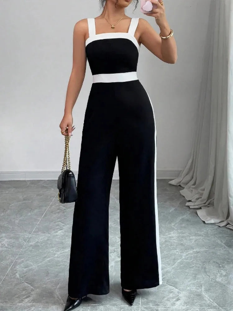 Women's Casual Black Jumpsuit White Contrast Trim Square Neck Great for City Nights Social Gatherings Fashionable Wear