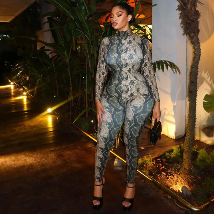 FLARORA Vintage Serpentine Printing Jumpsuits Woman Trend Turtleneck Full Sleeve Skinny Peach Hip Night Party Clubwear Overalls