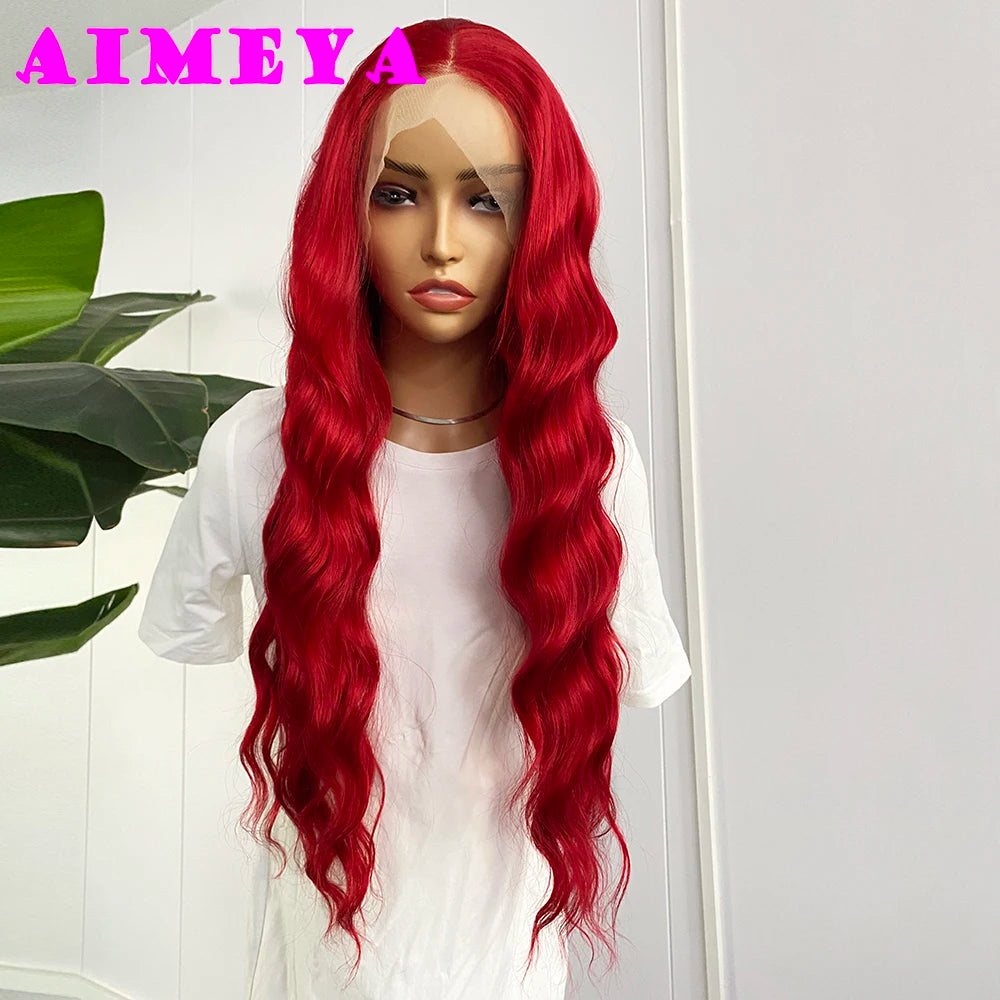 AIMEYA  Red Long Wig Natural Hairline Loose Wave Lace Front Wig for Women Daily Use Heat Resistant Synthetic Hair Blue Purple
