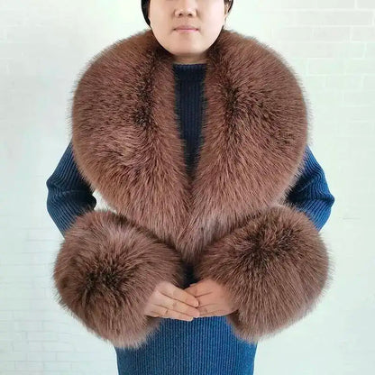 Large Women Faux Fox Fur Scarf Winter Jackets Warm Fluffy Shawl Fashion Artificial Fur Collar And Cuff Set Fluffy Scarves Female