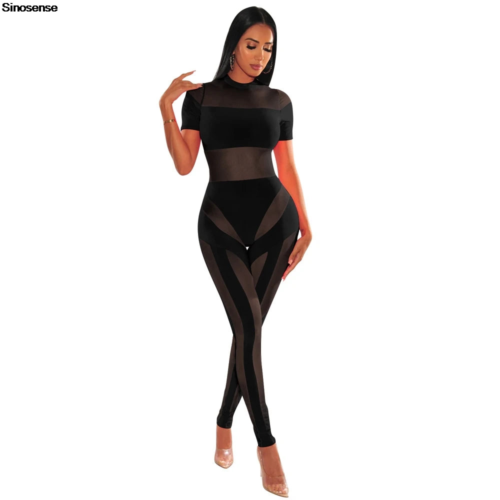 Women Sexy Jumpsuits Short Sleeve Sheer Mesh Slim Bodycon Jumpsuit One Piece Summer Rompers Y2K Street Night Club Party Outfits