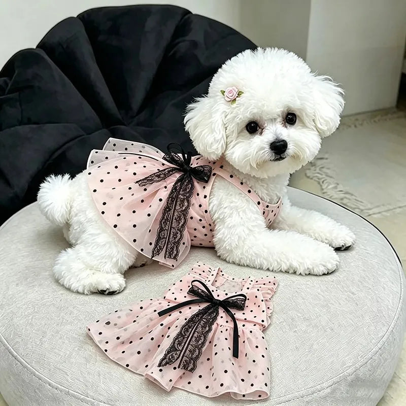 Pink Polka Dot Pet Princess Dress Breathable Sun Protection Sleeveless Tulle Dress with Lace Bow for Small Dogs Cats Pet Clothes